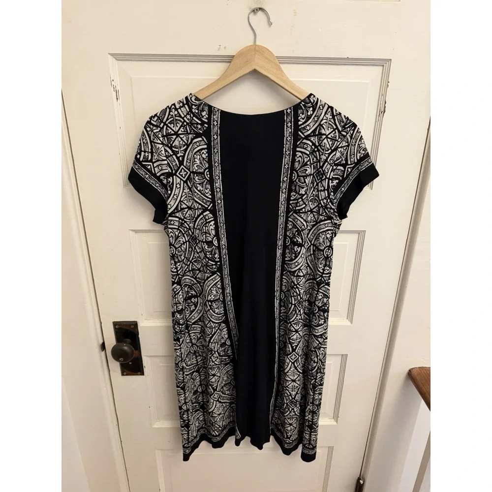 Nicole Miller Collection Women's Black White Patterned Silk Shift Dress Large